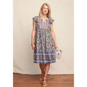 Matilda Jane Heart to Heart Pasture Blue Floral Flutter Sleeve Dress, Size L